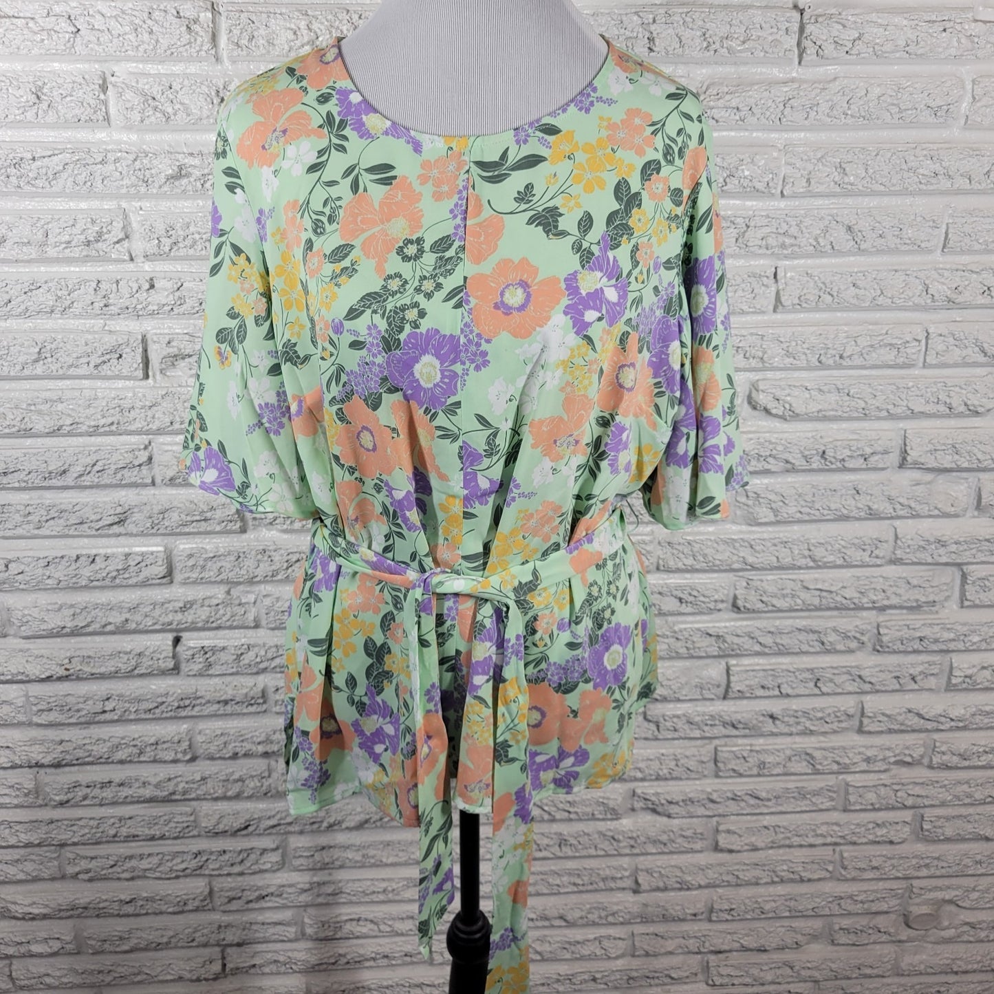 Liz Claiborne Womens Top XL Flared Sleeve Green Pink Floral Back Keyhole Sash