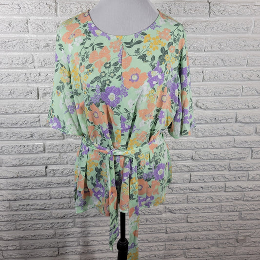 Liz Claiborne Womens Top XL Flared Sleeve Green Pink Floral Back Keyhole Sash