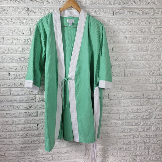 Cabernet Women's XL Green Waffle Knit Robe 3/4 Sleeve Cotton Blend Belted Kaftan