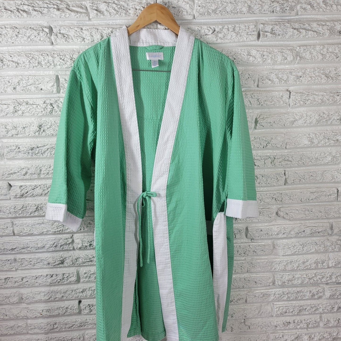 Cabernet Women's XL Green Waffle Knit Robe 3/4 Sleeve Cotton Blend Belted Kaftan