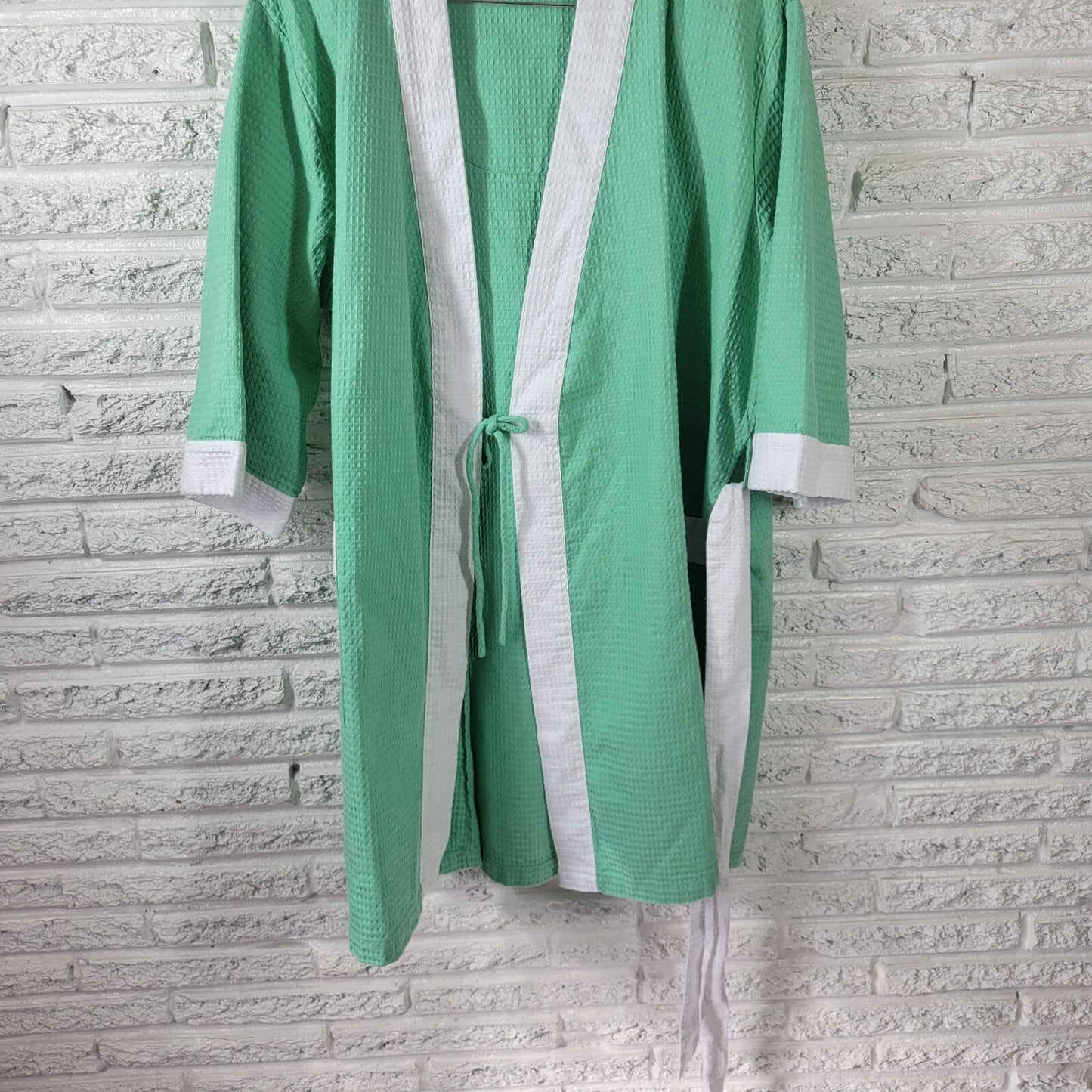 Cabernet Women's XL Green Waffle Knit Robe 3/4 Sleeve Cotton Blend Belted Kaftan