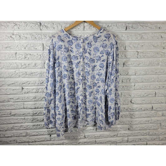 Angels Forever Young Women Top 3X Plus Long Sleeve Blue Floral Rayon Lightweight