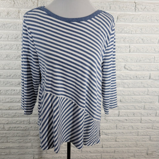 Croft Barrow Womens Top XXL Plus Tee 3/4 Sleeve Blue Stripe Deco Buttons Cotton