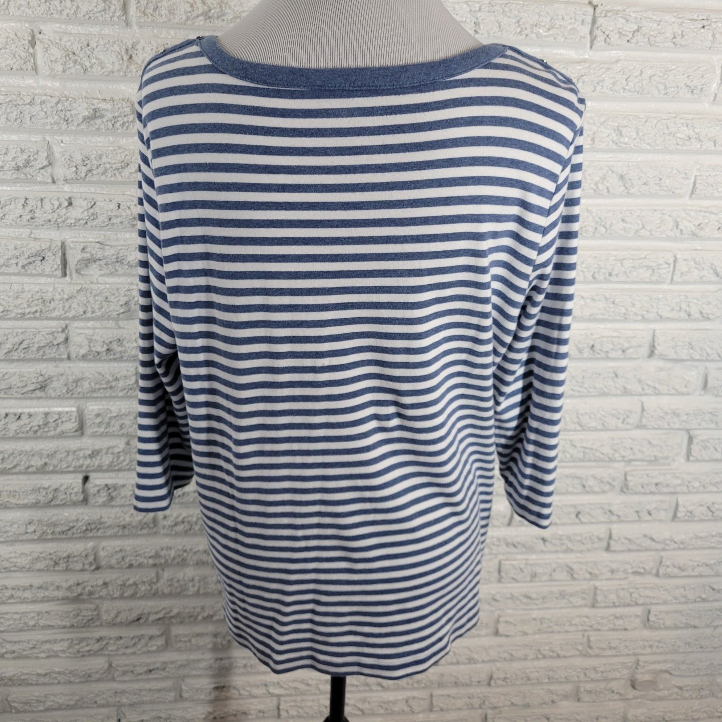 Croft Barrow Womens Top XXL Plus Tee 3/4 Sleeve Blue Stripe Deco Buttons Cotton