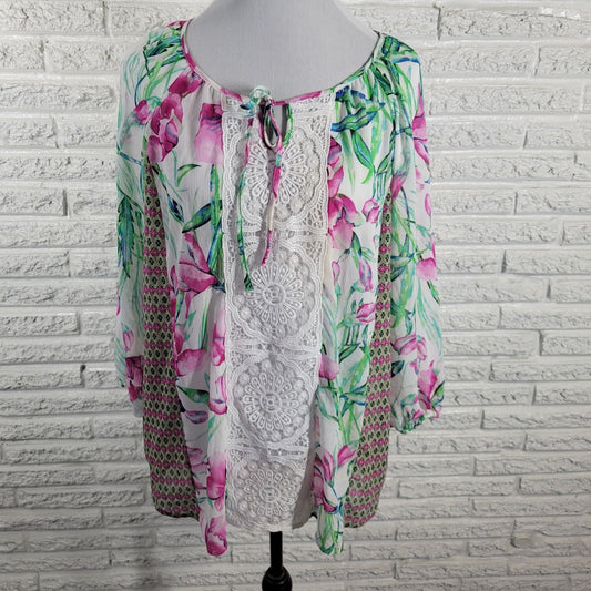 Zac Rachel Womens Top XL 3/4 Sleeve Pink Green Floral Lace Trim Sheer Keyhole