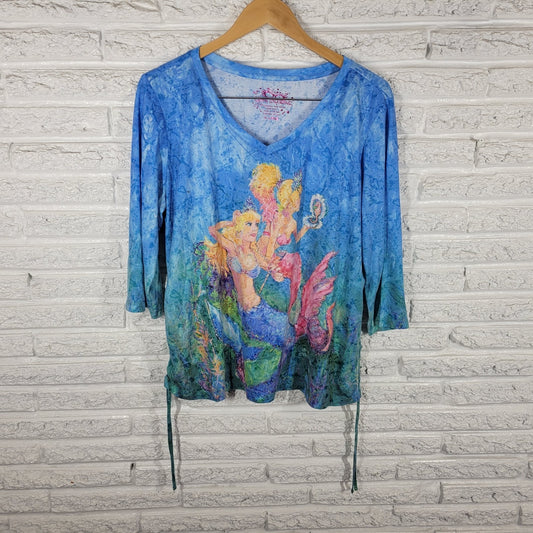 Leoma Lovegrove Womens Top XL Tee 3/4 Sleeve Mermaids Blue Side Ties Artsy Comfy