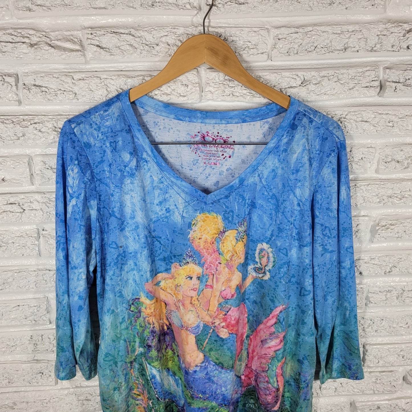 Leoma Lovegrove Womens Top XL Tee 3/4 Sleeve Mermaids Blue Side Ties Artsy Comfy
