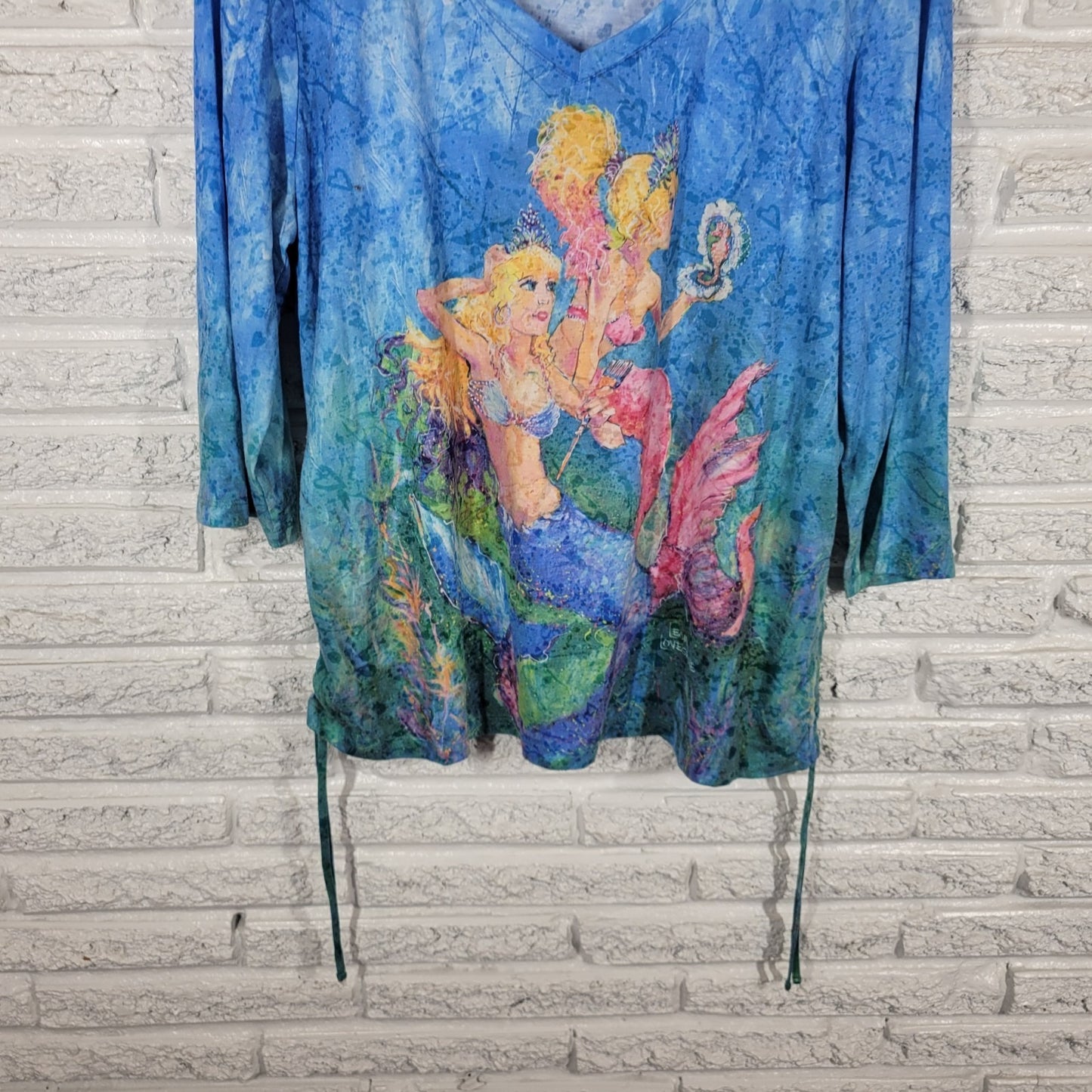 Leoma Lovegrove Womens Top XL Tee 3/4 Sleeve Mermaids Blue Side Ties Artsy Comfy