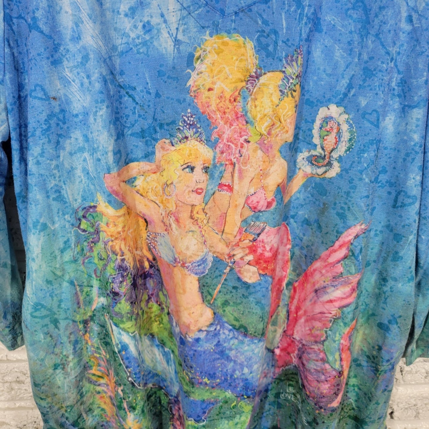 Leoma Lovegrove Womens Top XL Tee 3/4 Sleeve Mermaids Blue Side Ties Artsy Comfy