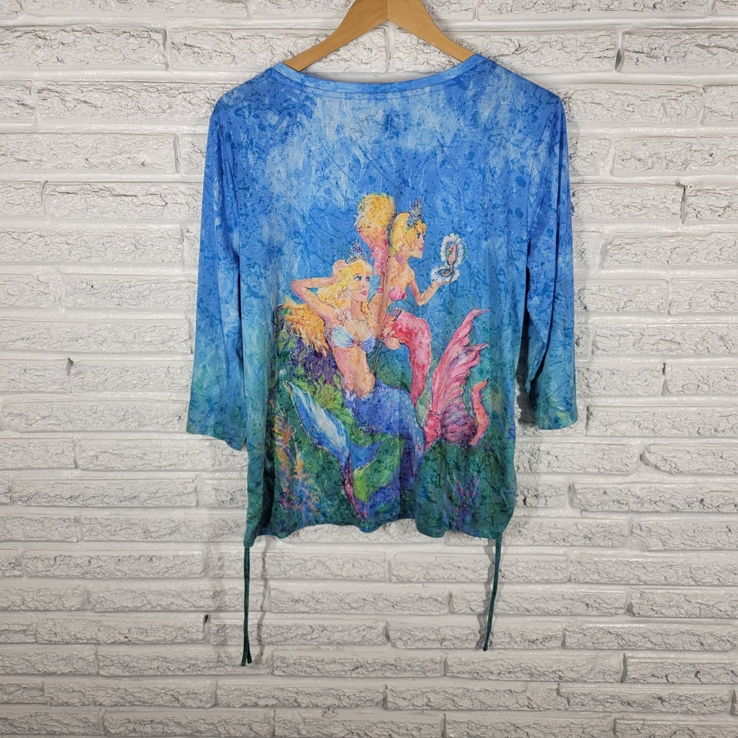 Leoma Lovegrove Womens Top XL Tee 3/4 Sleeve Mermaids Blue Side Ties Artsy Comfy