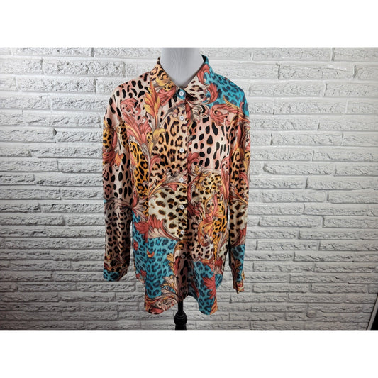 Shein Women Top 1XL Plus Long Sleeve Orange Floral Polyester Animal Print Collar