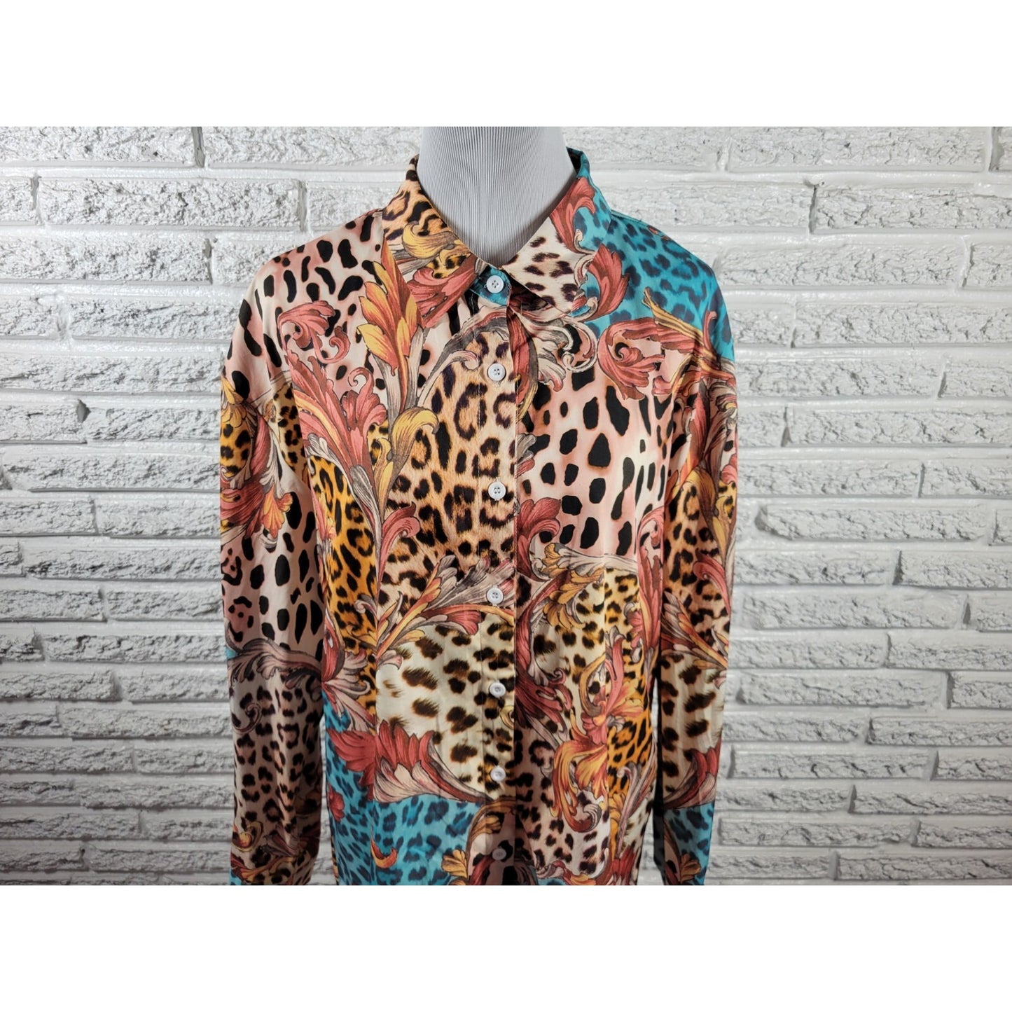 Shein Women Top 1XL Plus Long Sleeve Orange Floral Polyester Animal Print Collar