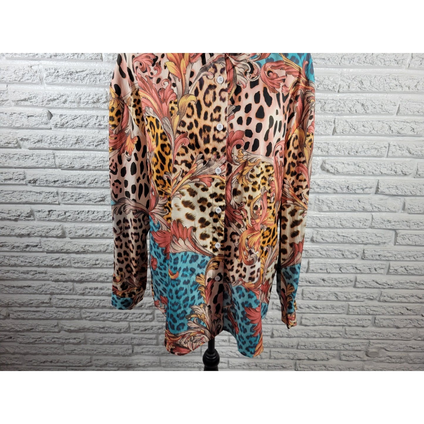 Shein Women Top 1XL Plus Long Sleeve Orange Floral Polyester Animal Print Collar