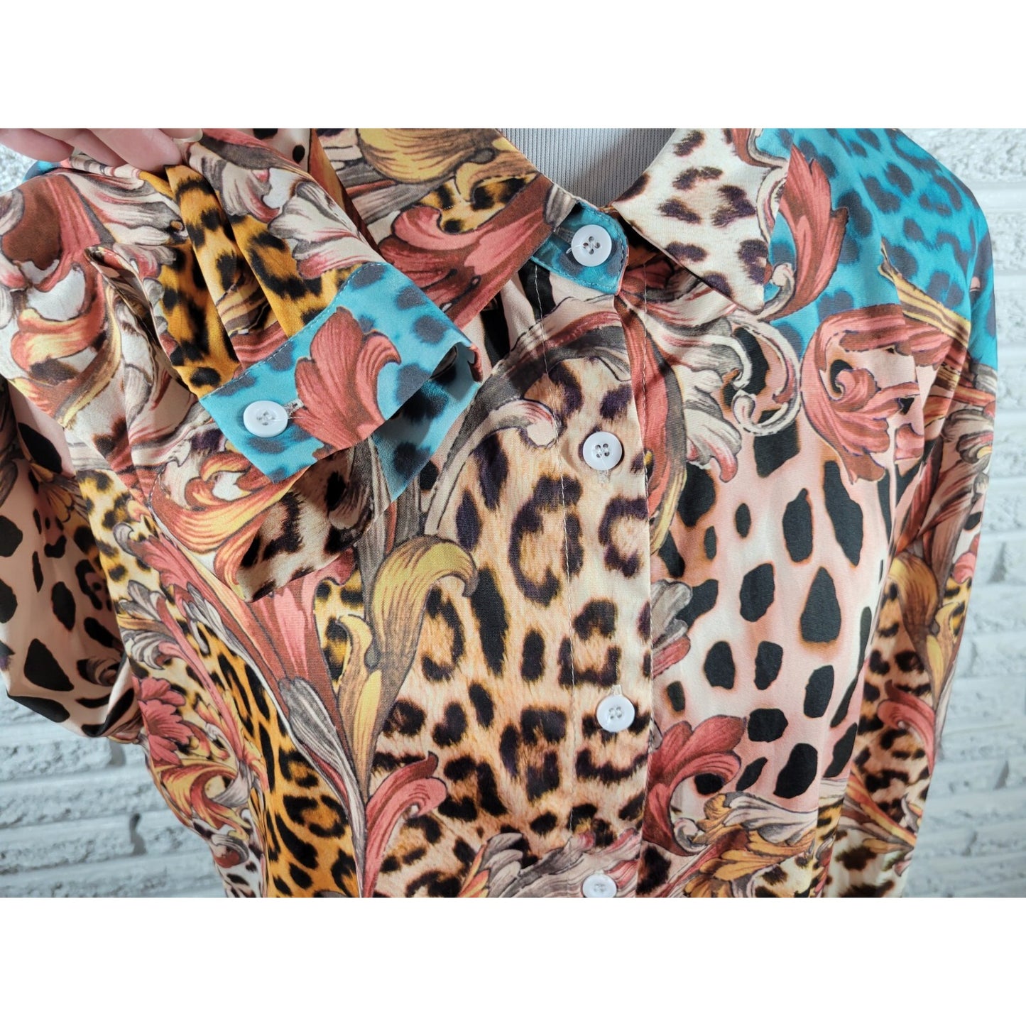 Shein Women Top 1XL Plus Long Sleeve Orange Floral Polyester Animal Print Collar