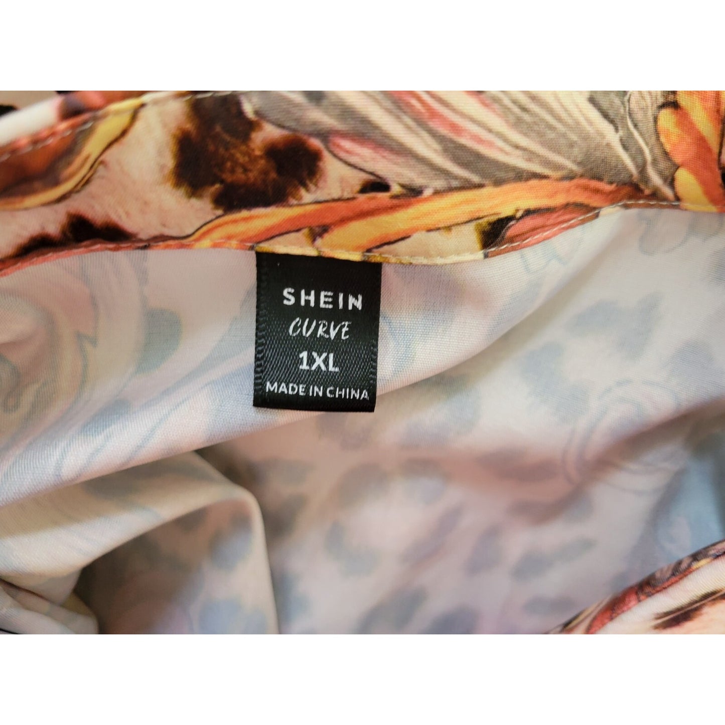 Shein Women Top 1XL Plus Long Sleeve Orange Floral Polyester Animal Print Collar