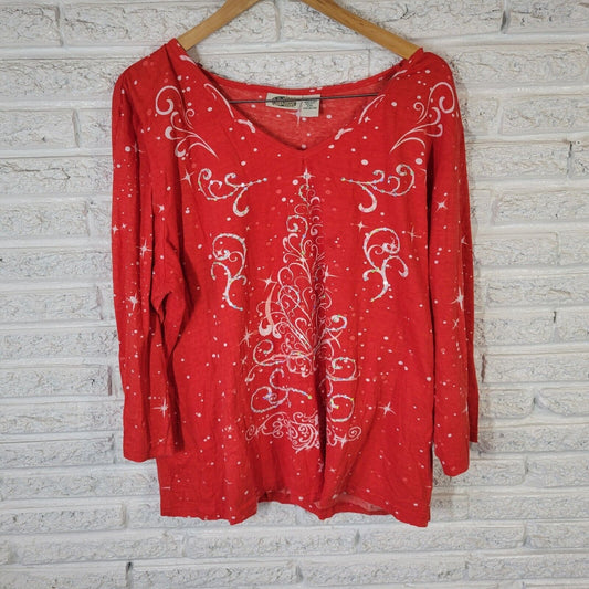 Christmas Collections Etc Womens Top XXL 3/4 Sleeve Red Tree Sequin Lightweight