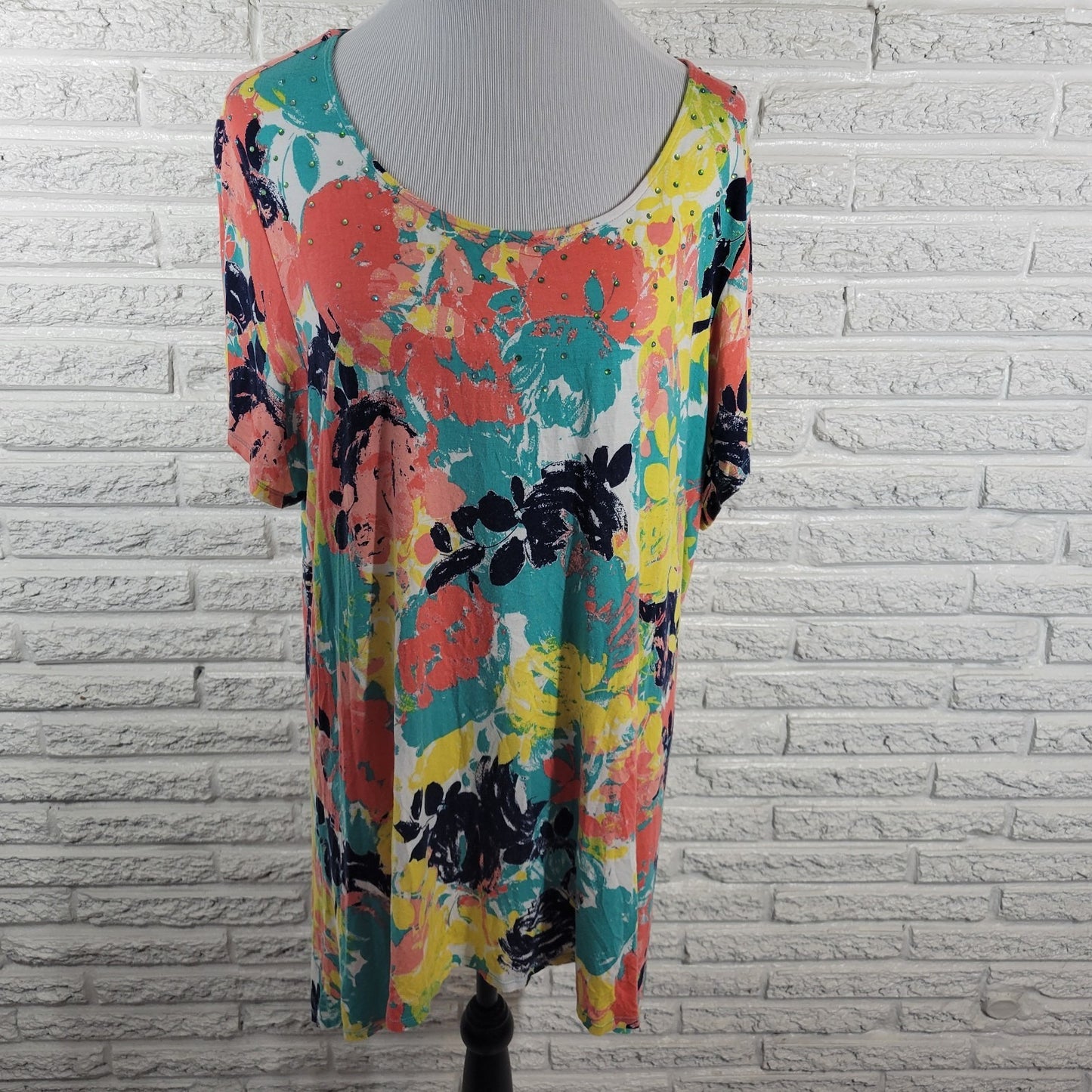 Ruby Rd Womens Top 1X Plus Tunic Pink Yellow Floral Asymmetric Rayon Spandex