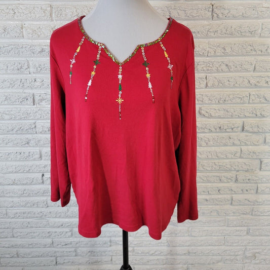 Christmas Onque Women Top 1X Tee Long Sleeve Red Cotton Embroidered Beads Sequin