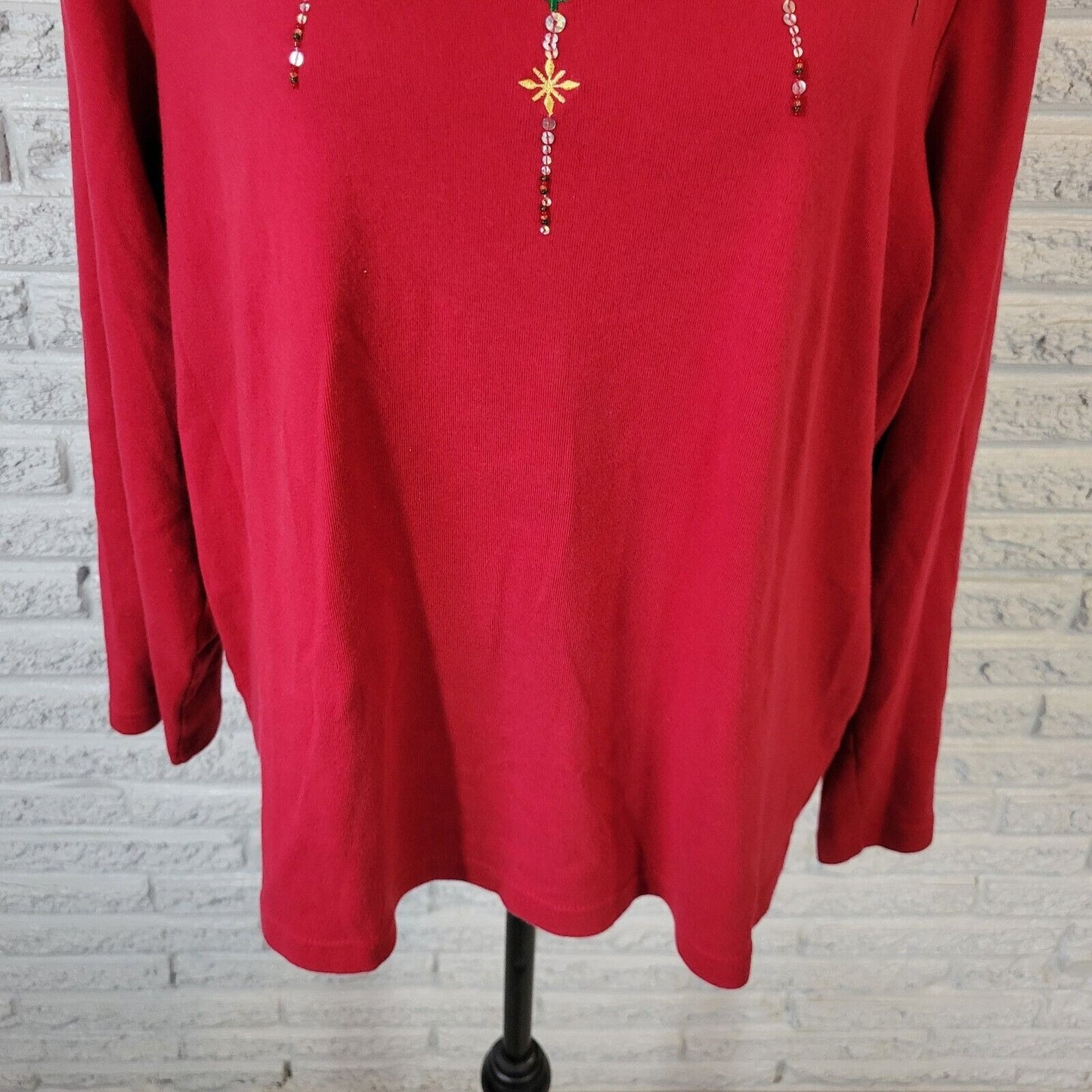 Christmas Onque Women Top 1X Tee Long Sleeve Red Cotton Embroidered Beads Sequin