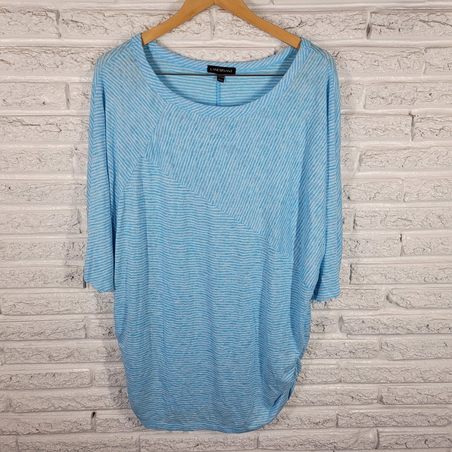 Lane Bryant Womens Plus 22 24 Blue Striped Tunic Top 3/4 Sleeve Knit Pullover