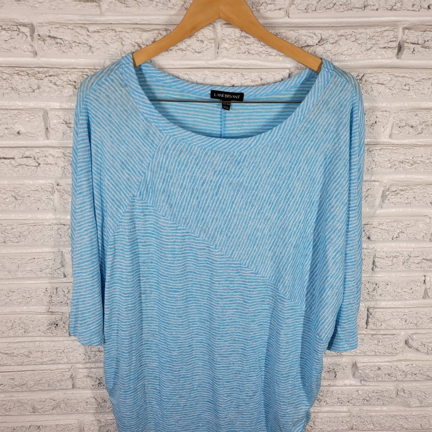 Lane Bryant Womens Plus 22 24 Blue Striped Tunic Top 3/4 Sleeve Knit Pullover
