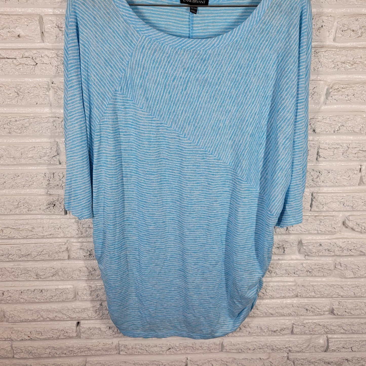 Lane Bryant Womens Plus 22 24 Blue Striped Tunic Top 3/4 Sleeve Knit Pullover