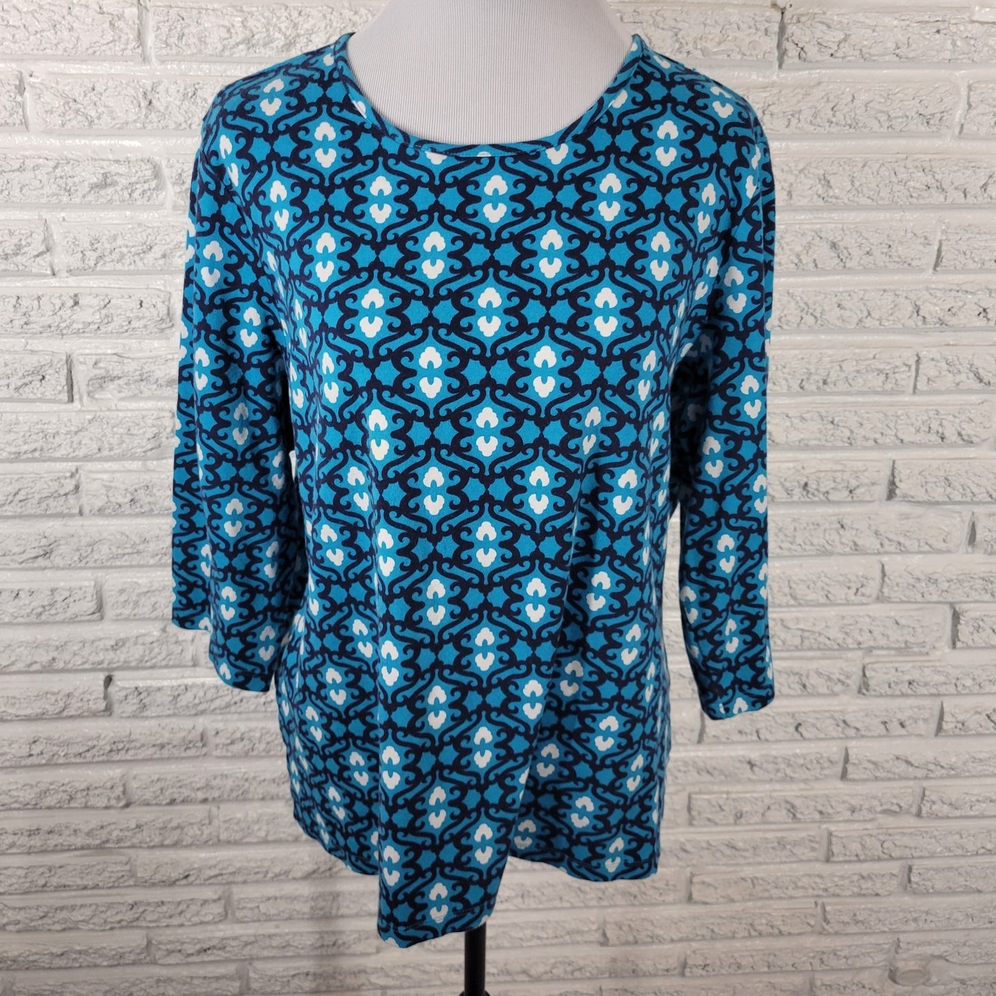 Kim Rogers Womens Top 2X Plus 3/4 Sleeve Blue Geometric Knit Cotton Casual Comfy