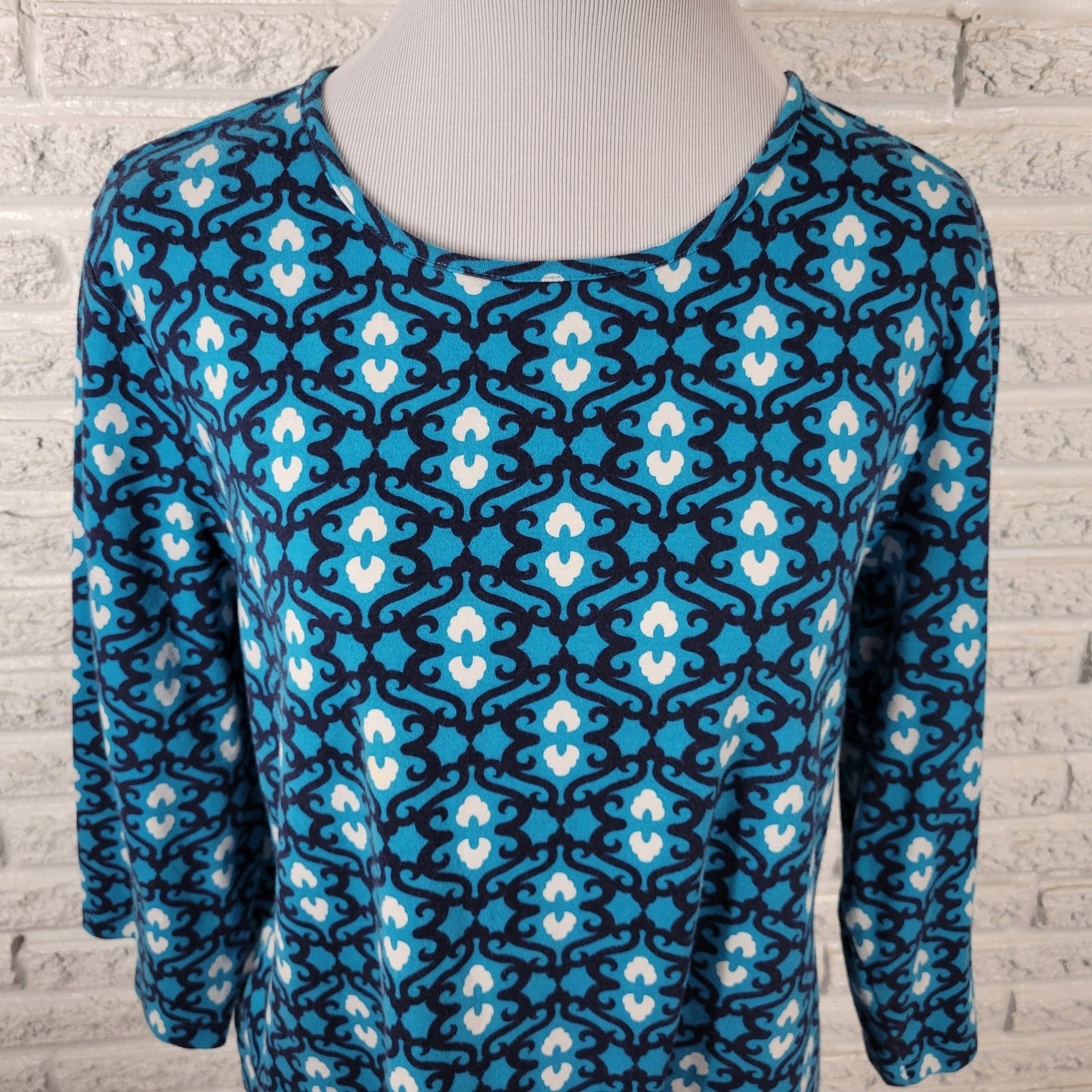 Kim Rogers Womens Top 2X Plus 3/4 Sleeve Blue Geometric Knit Cotton Casual Comfy