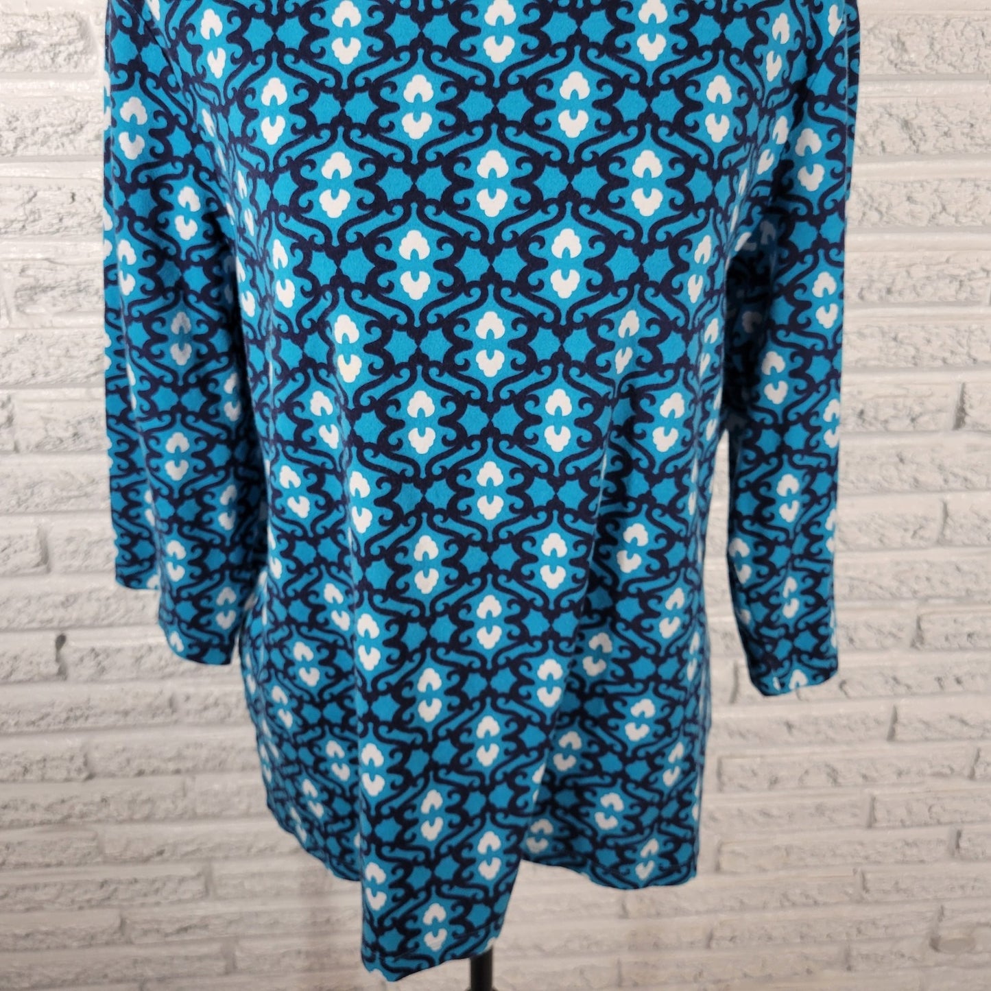 Kim Rogers Womens Top 2X Plus 3/4 Sleeve Blue Geometric Knit Cotton Casual Comfy