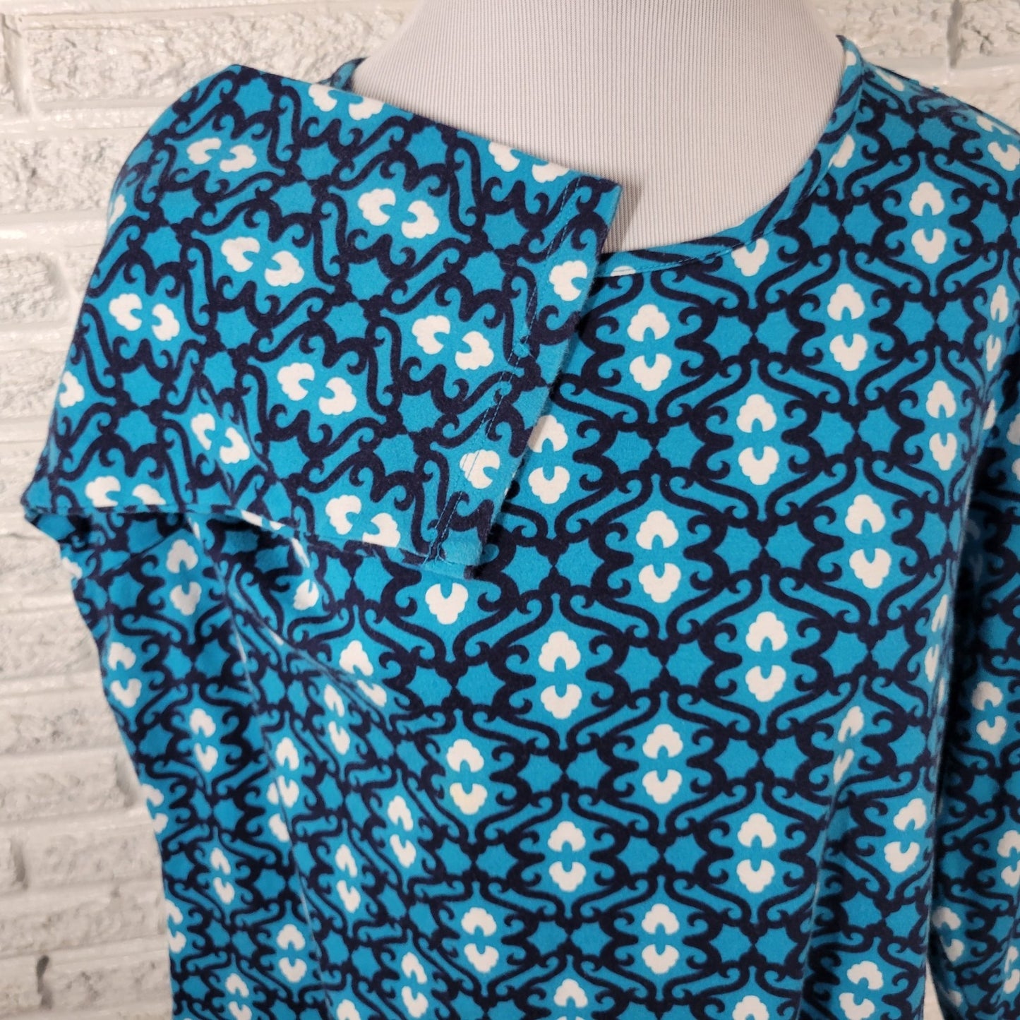 Kim Rogers Womens Top 2X Plus 3/4 Sleeve Blue Geometric Knit Cotton Casual Comfy