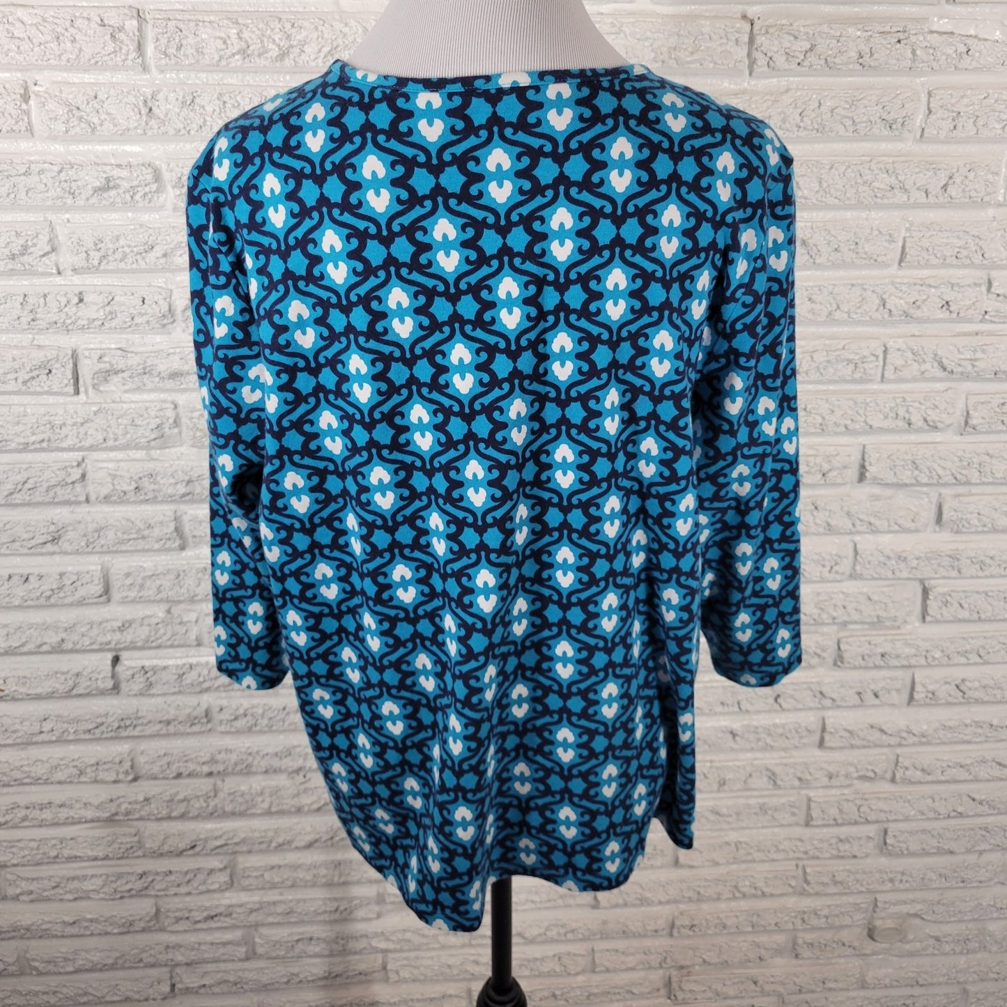 Kim Rogers Womens Top 2X Plus 3/4 Sleeve Blue Geometric Knit Cotton Casual Comfy