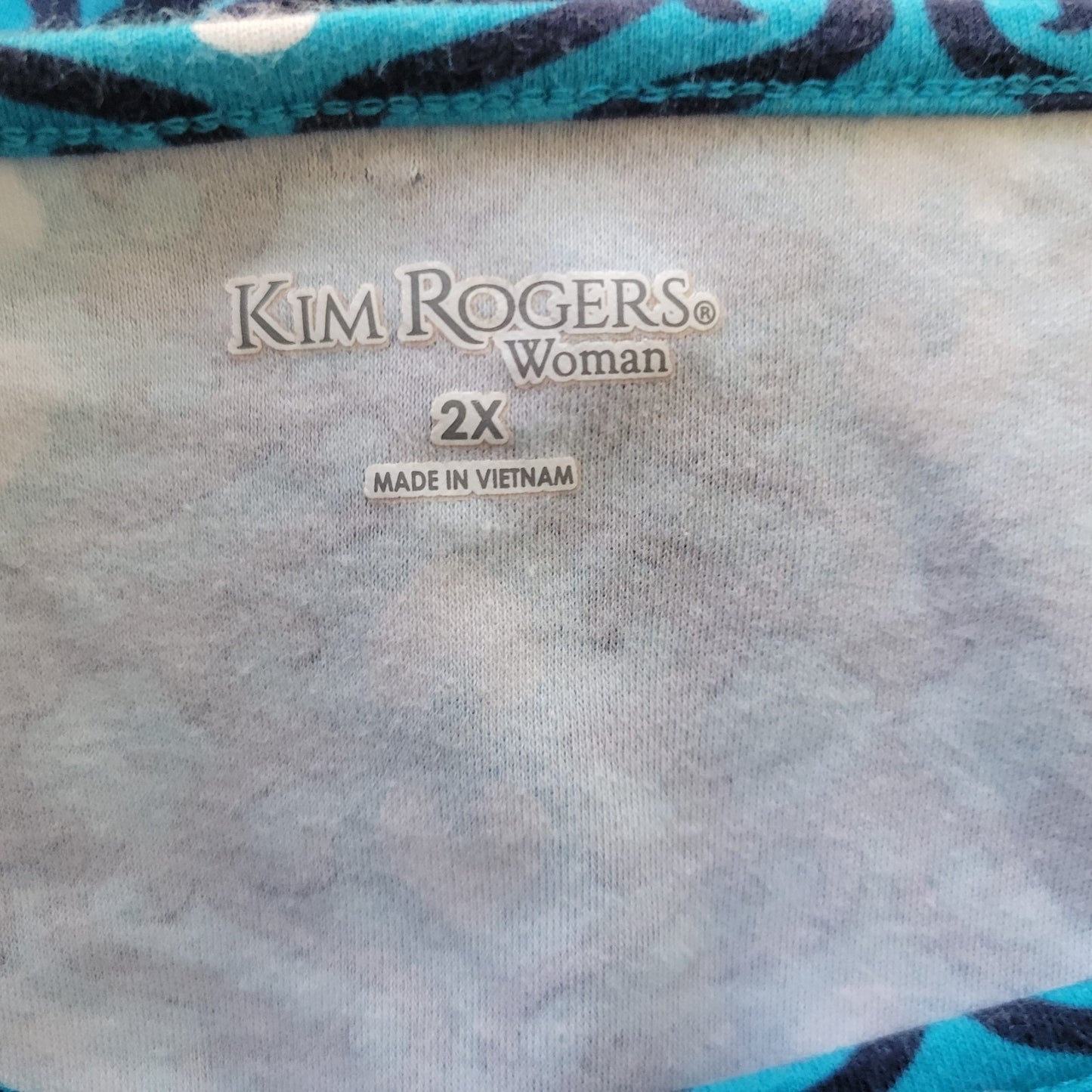 Kim Rogers Womens Top 2X Plus 3/4 Sleeve Blue Geometric Knit Cotton Casual Comfy