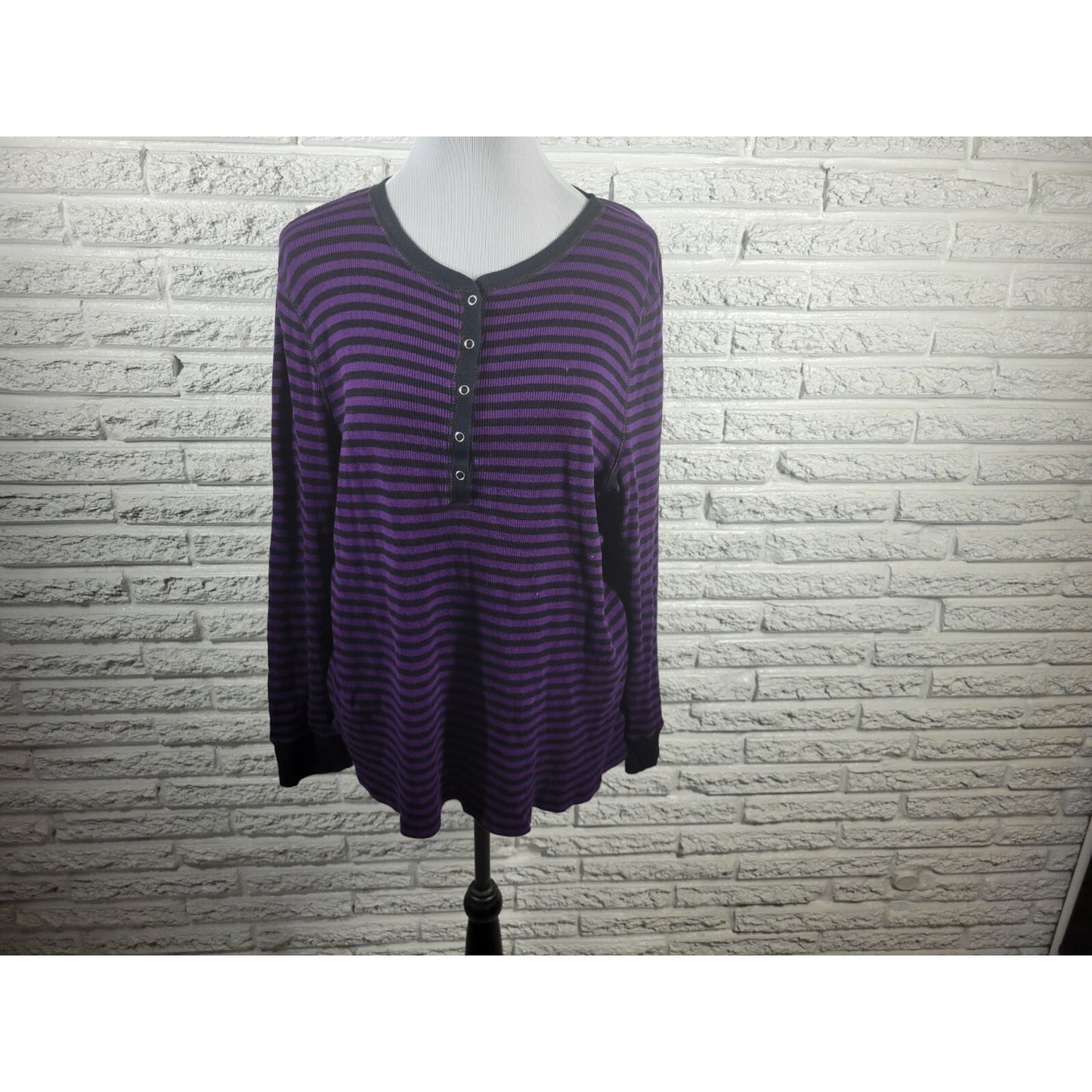 Chaps Womens Top 2X Plus Long Sleeve Knit Purple Stripe Casual Snap Up Cotton