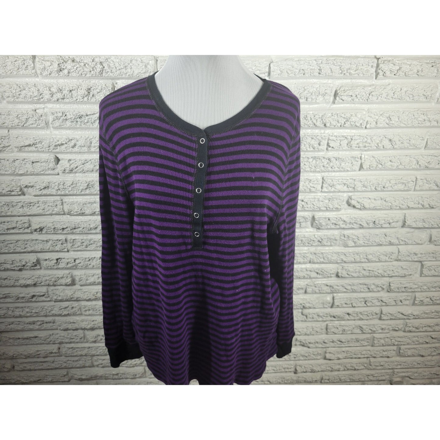 Chaps Womens Top 2X Plus Long Sleeve Knit Purple Stripe Casual Snap Up Cotton