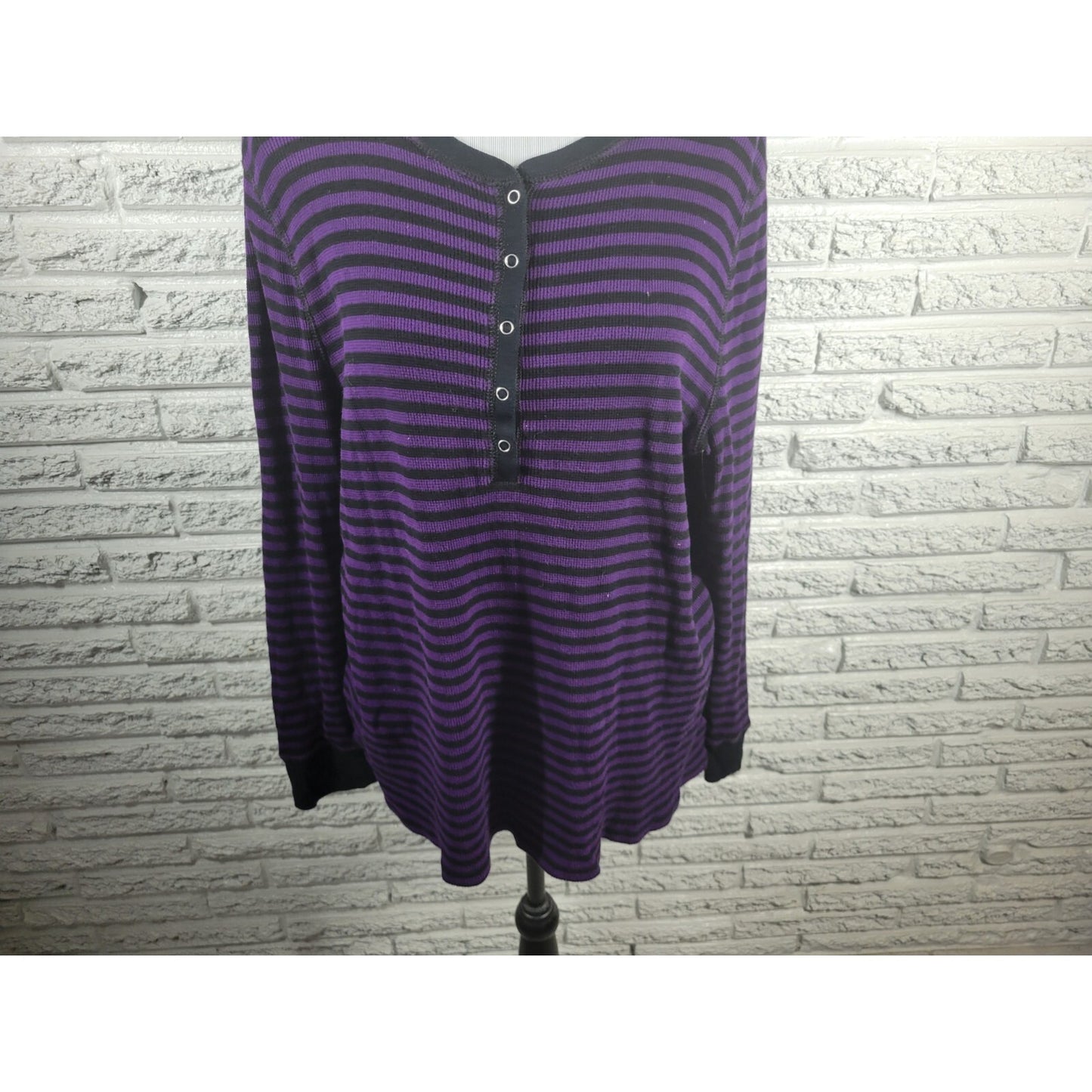 Chaps Womens Top 2X Plus Long Sleeve Knit Purple Stripe Casual Snap Up Cotton