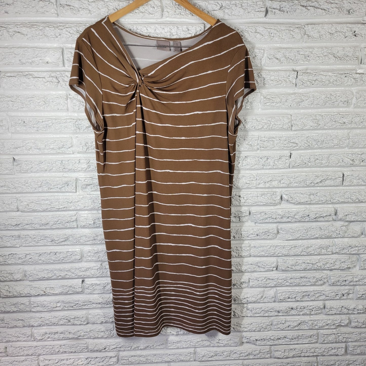 Chicos Easywear Womens Dress 3 Standard XL Cap Sleeve Brown Stripe Comfy Knotted