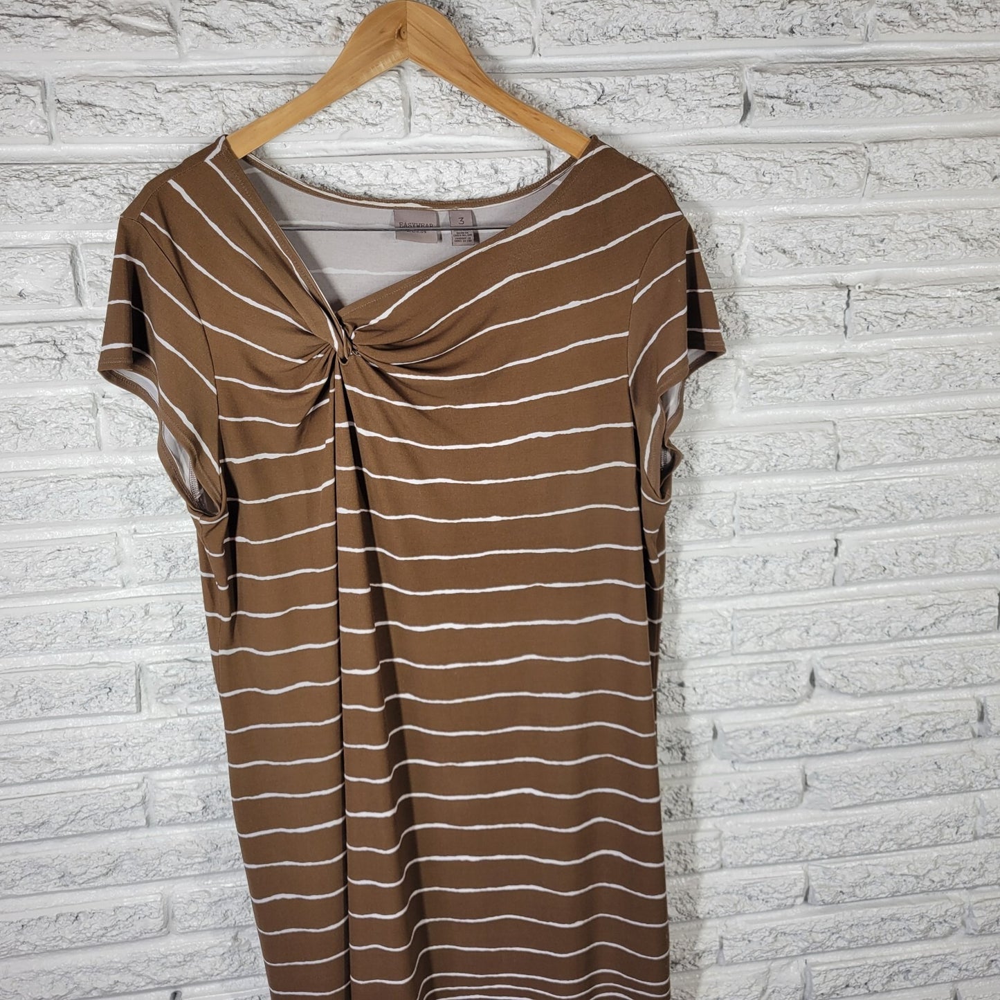 Chicos Easywear Womens Dress 3 Standard XL Cap Sleeve Brown Stripe Comfy Knotted