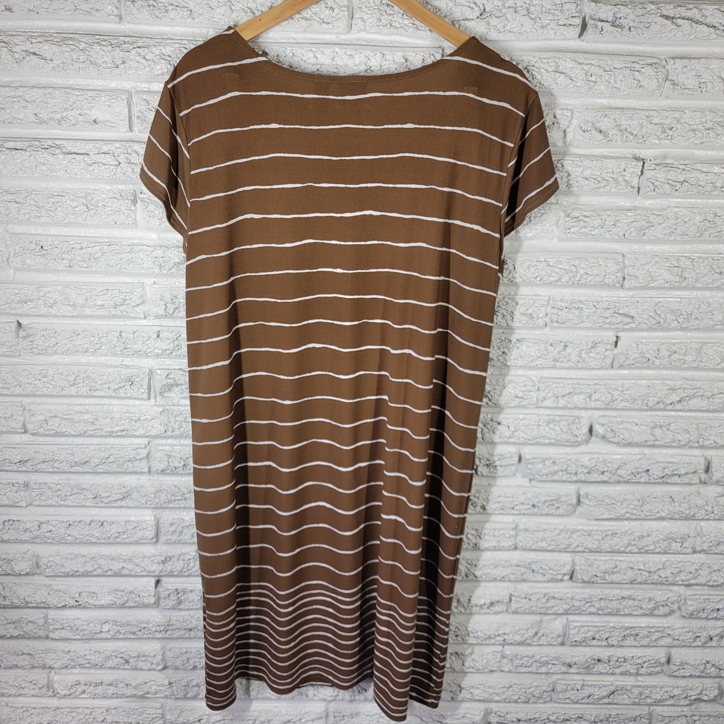 Chicos Easywear Womens Dress 3 Standard XL Cap Sleeve Brown Stripe Comfy Knotted