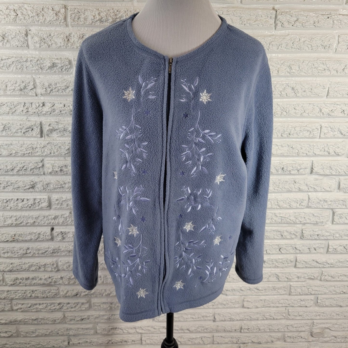 Croft & Barrow Womens Plus 1X Fleece Full Zip Jacket Blue Floral Embroidered Top