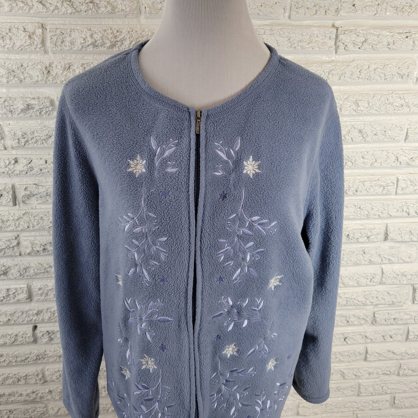 Croft & Barrow Womens Plus 1X Fleece Full Zip Jacket Blue Floral Embroidered Top