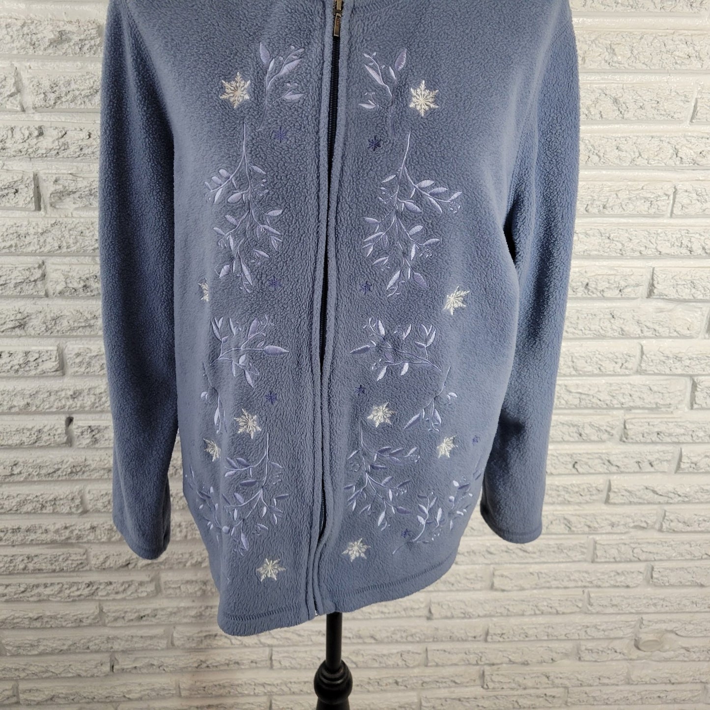 Croft & Barrow Womens Plus 1X Fleece Full Zip Jacket Blue Floral Embroidered Top