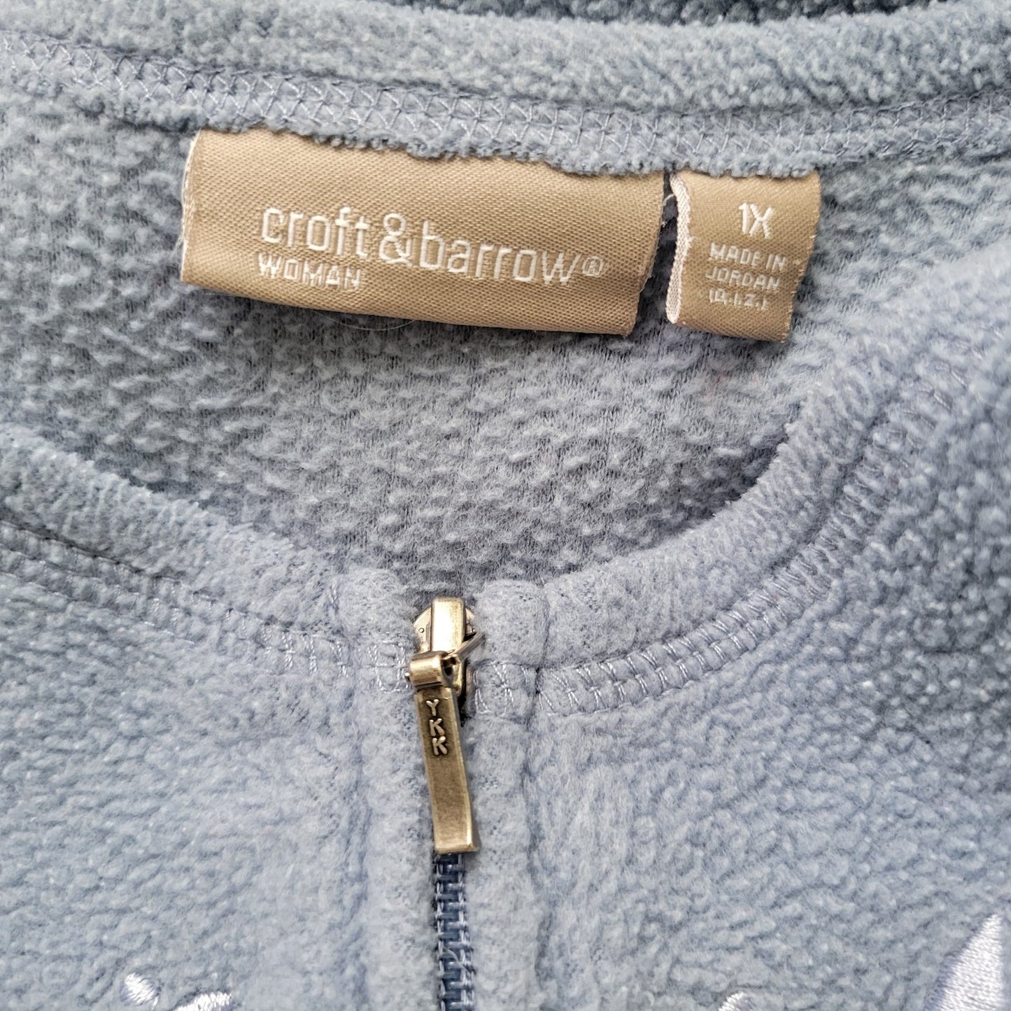 Croft & Barrow Womens Plus 1X Fleece Full Zip Jacket Blue Floral Embroidered Top