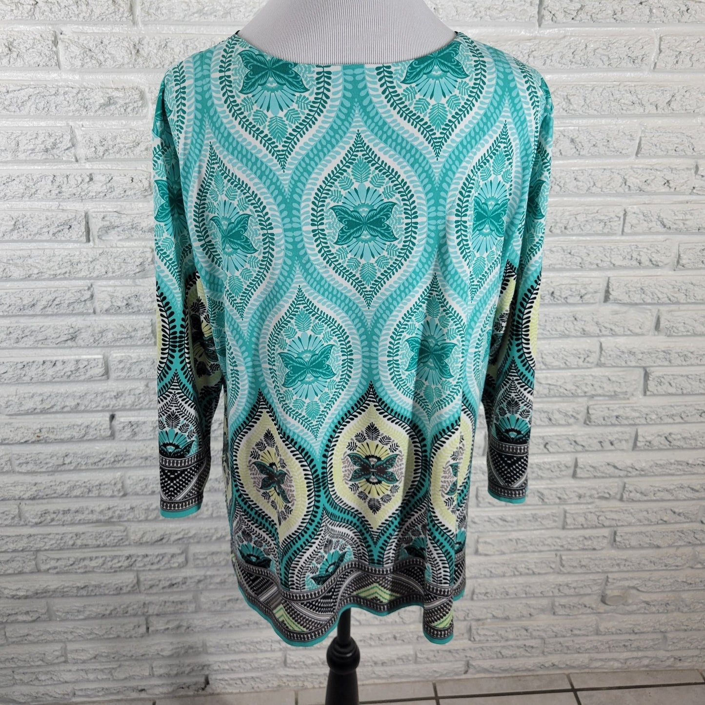 JM Collection Womens Top XL 3/4 Sleeve Blue Black Geometric Rhinestones Casual
