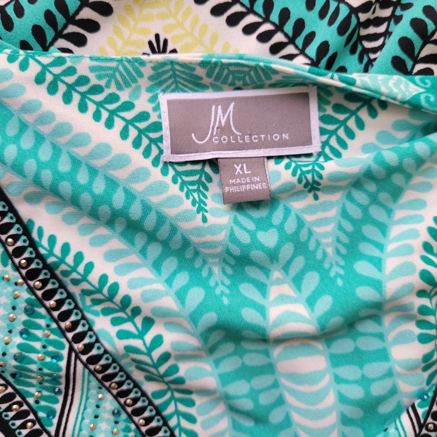 JM Collection Womens Top XL 3/4 Sleeve Blue Black Geometric Rhinestones Casual