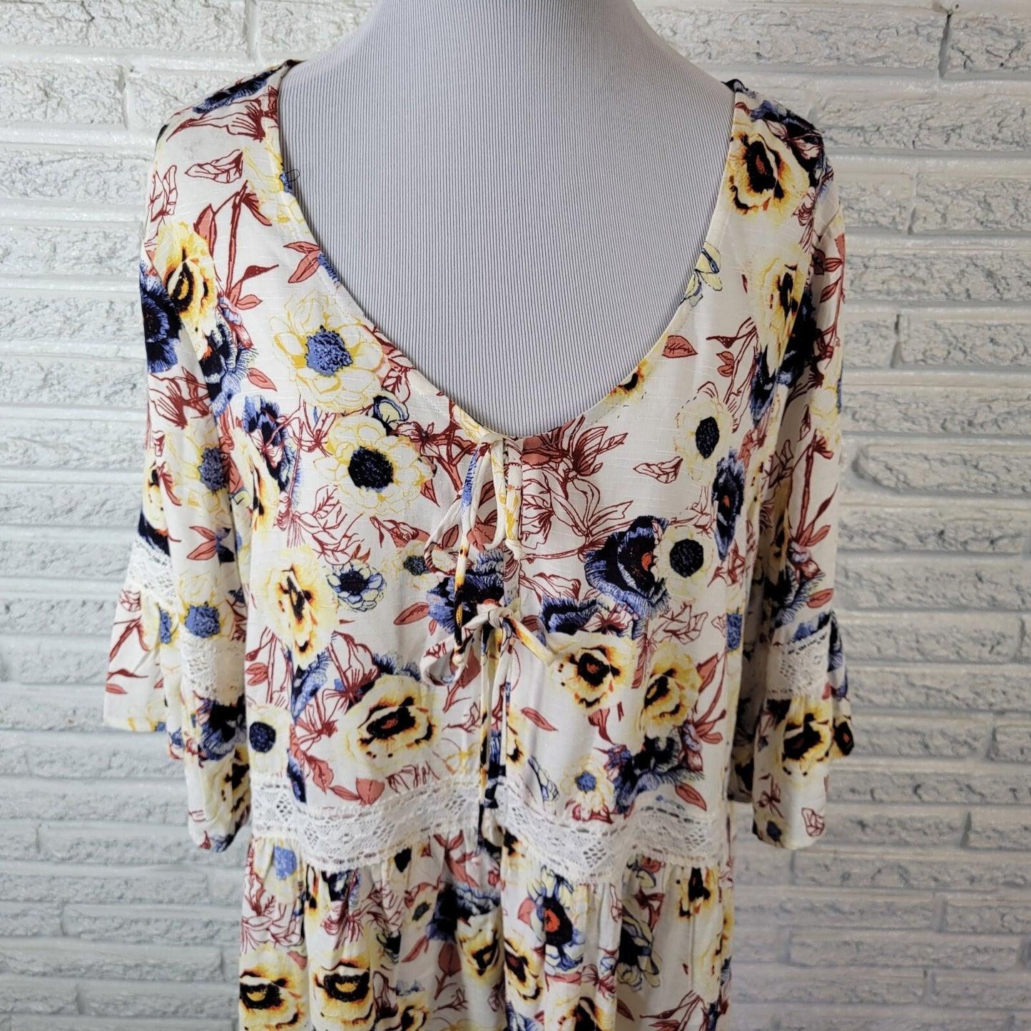 Maurices Womens Top 0X Plus Baby Doll Bell Sleeve Blue Brown Floral Lightweight