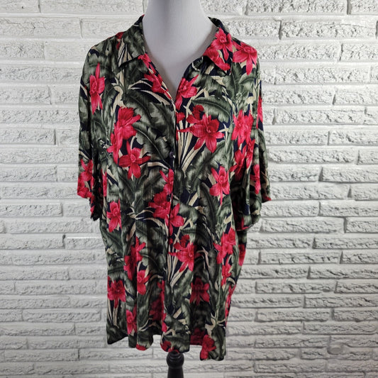 Dress Barn Womens Top 22 24 Plus Short Sleeve Button Up Red Green Floral Rayon