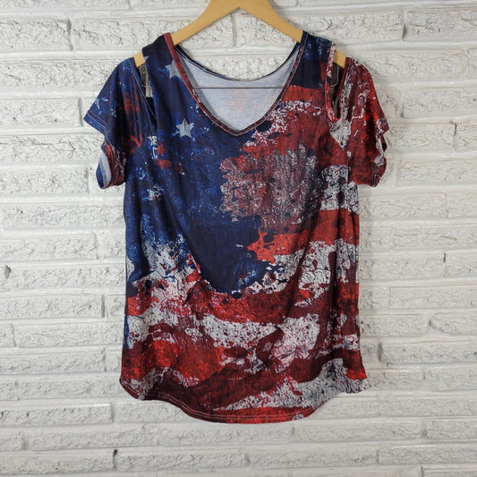 Fourth of July Womens Top XXL Plus Cold Shoulder Patriotic Blue Red Poly Blend
