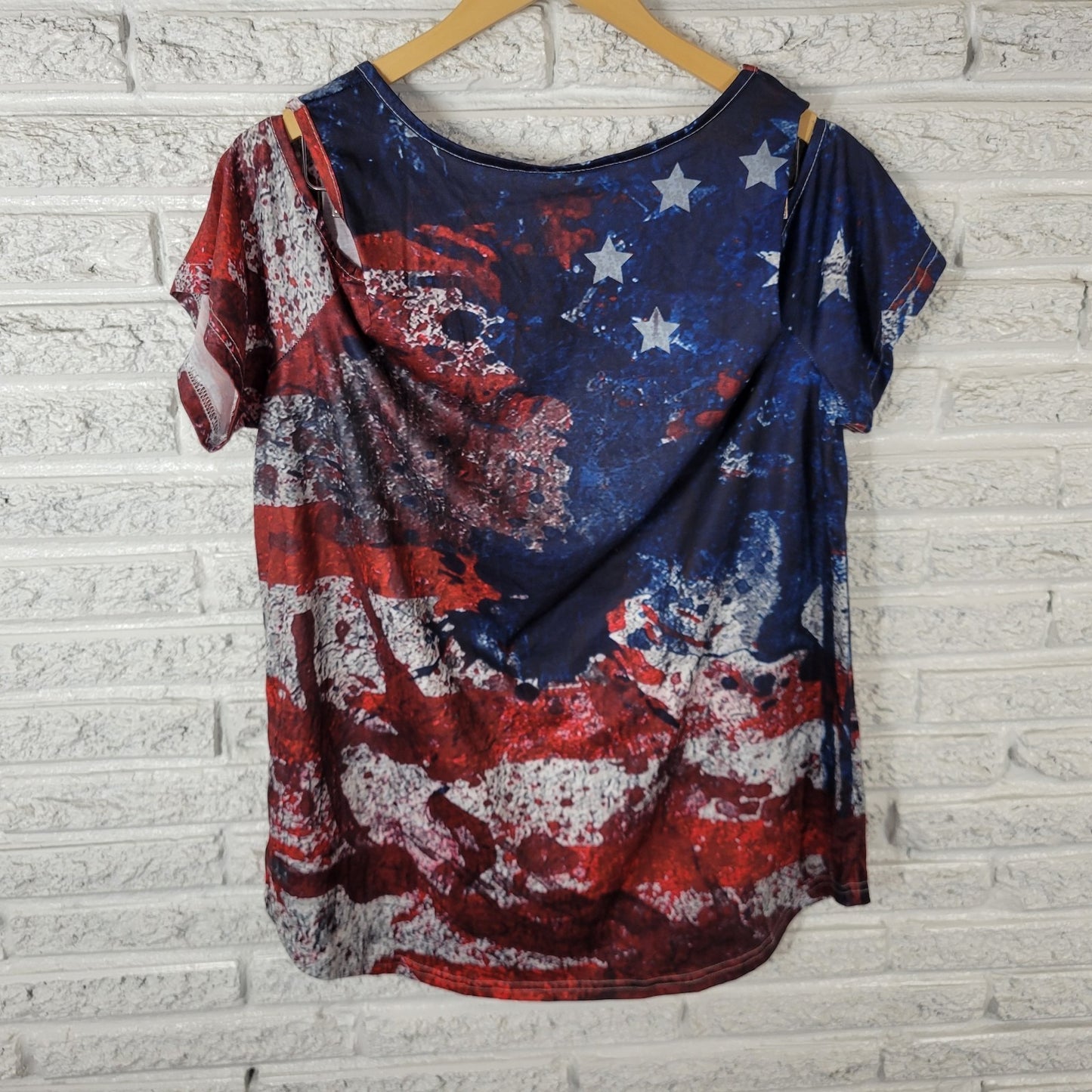 Fourth of July Womens Top XXL Plus Cold Shoulder Patriotic Blue Red Poly Blend