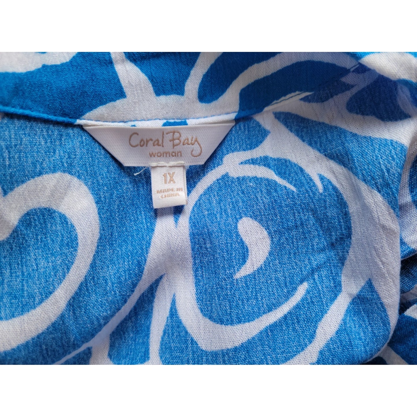 Coral Bay Women's 1X Plus Blue Geometric Collared Button Up Ruffle Top