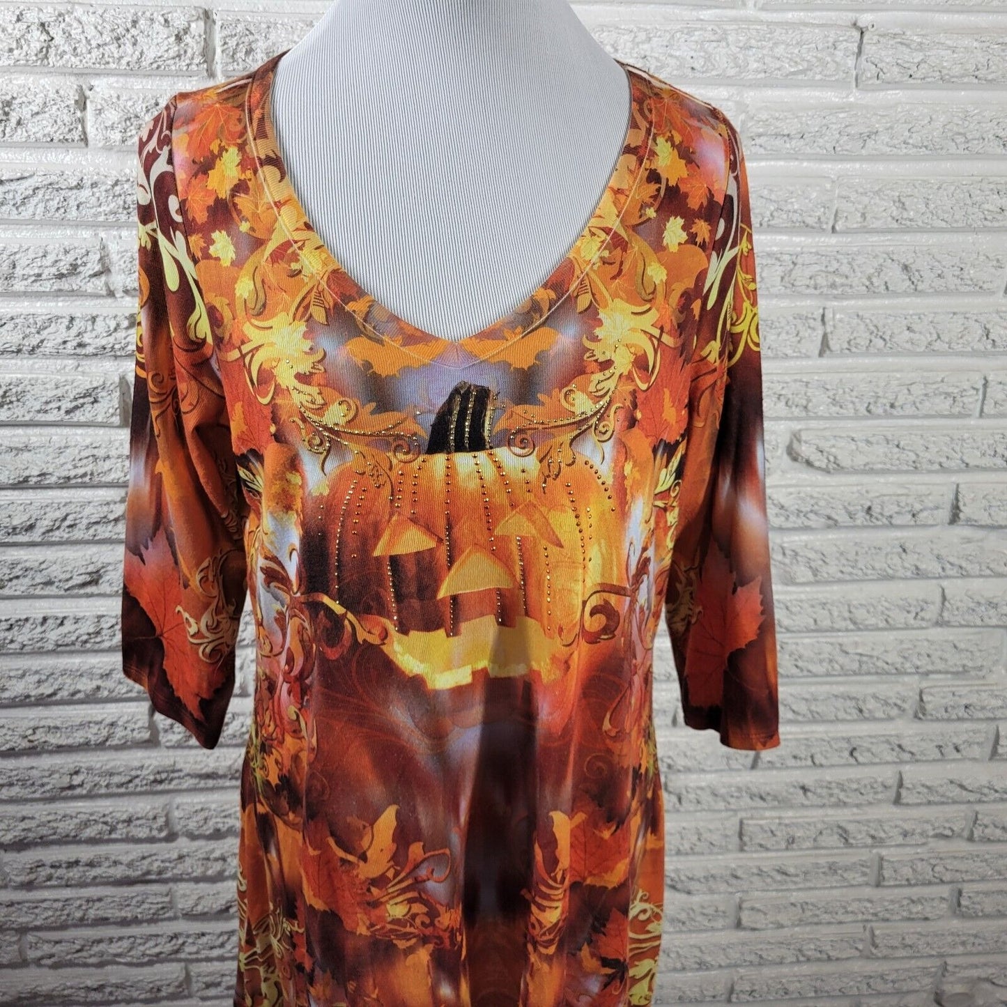 Halloween Live Let Live Women Top 1X Plus Tunic 3/4 Sleeve Orange Jack o Lantern